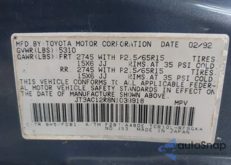 1992 Toyota Previa Le from USA, damaged, VIN JT3AC12R8N1038918